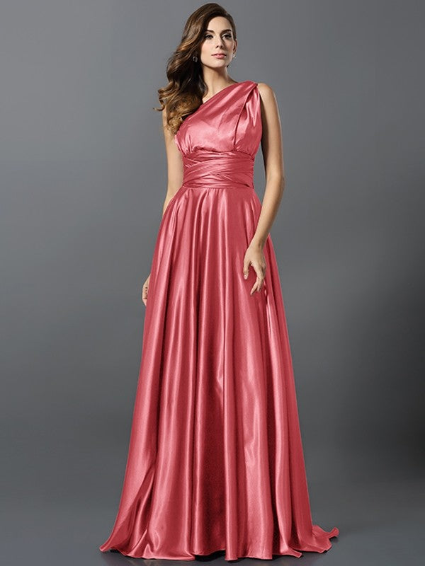 A-Line Charming Pleats Sleeveless Long Silk like Satin Bridesmaid Dresses