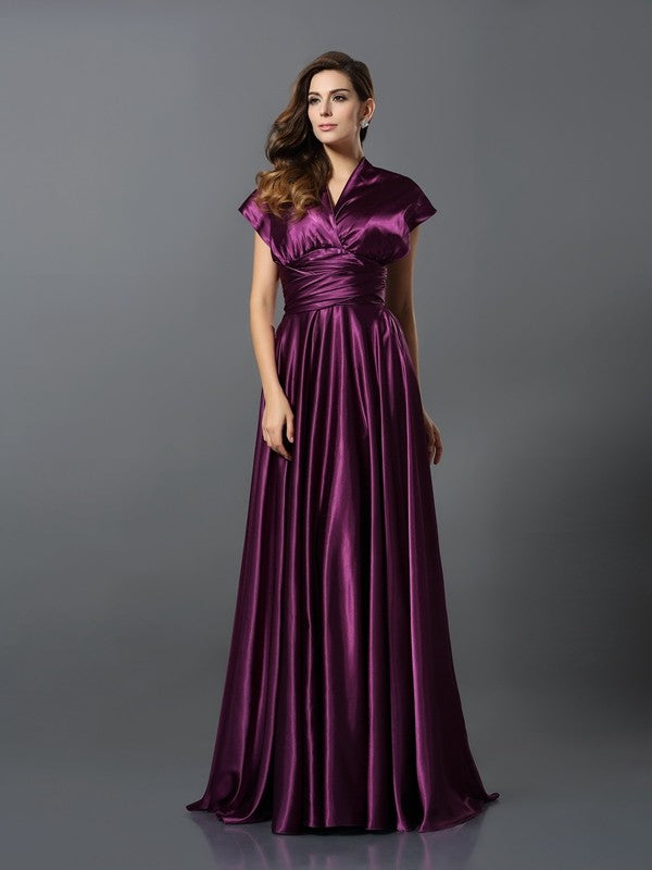 A-Line Charming Pleats Sleeveless Long Silk like Satin Bridesmaid Dresses