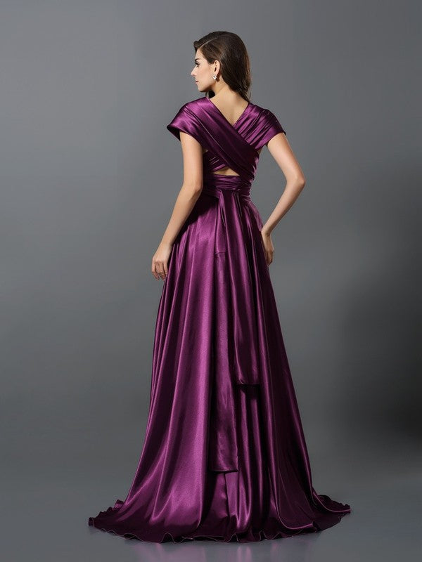 A-Line Charming Pleats Sleeveless Long Silk like Satin Bridesmaid Dresses