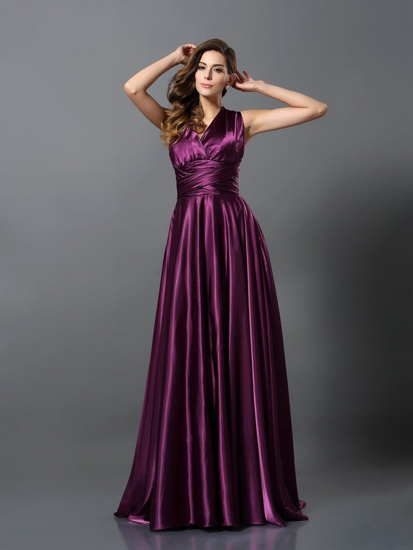 A-Line Charming Pleats Sleeveless Long Silk like Satin Bridesmaid Dresses