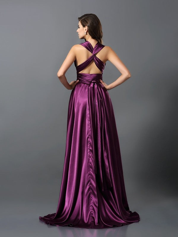 A-Line Charming Pleats Sleeveless Long Silk like Satin Bridesmaid Dresses