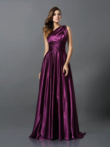 A-Line Charming Pleats Sleeveless Long Silk like Satin Bridesmaid Dresses