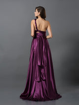 A-Line Charming Pleats Sleeveless Long Silk like Satin Bridesmaid Dresses