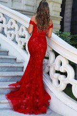 Charming Red Off-the-shoulder Mermaid Long Prom Dresses with Glitter-stylesnuggle