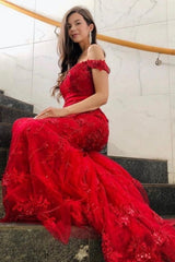 Charming Red Off-the-shoulder Mermaid Long Prom Dresses with Glitter-stylesnuggle