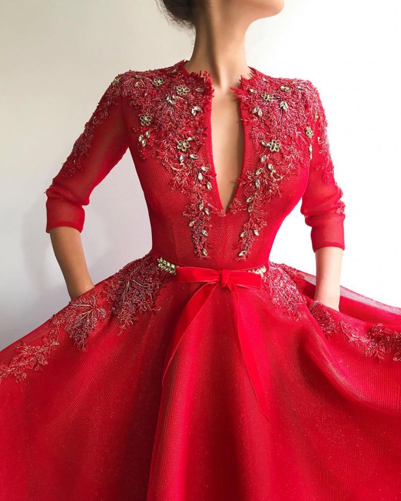 stylesnuggle has variety of Charming Sequins Tulle V-neck Red Jewel 3/4 Sleeves Appliques Long Prom Party Gowns on sale,  you can find your favorite shinny sequins long prom dresses here,  and we promise you the very best quality.