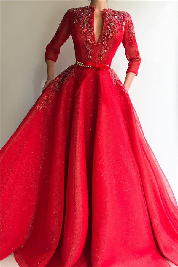 stylesnuggle has variety of Charming Sequins Tulle V-neck Red Jewel 3/4 Sleeves Appliques Long Prom Party Gowns on sale,  you can find your favorite shinny sequins long prom dresses here,  and we promise you the very best quality.