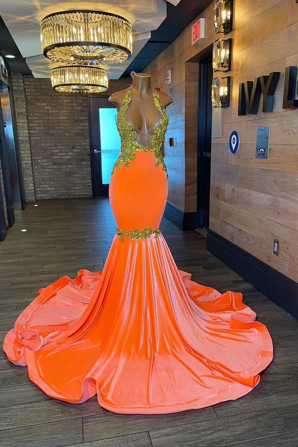 Charming Sleeveless Halter Backless Mermaid Prom Dress With Gold Beading-stylesnuggle