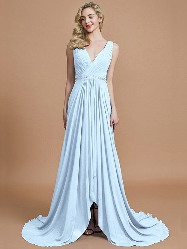 A-Line Charming Sleeveless V-neck Chiffon Bridesmaid Dresses