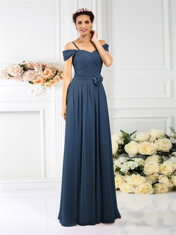 A-Line Charming Spaghetti Straps Pleats Sleeveless Long Chiffon Bridesmaid Dresses