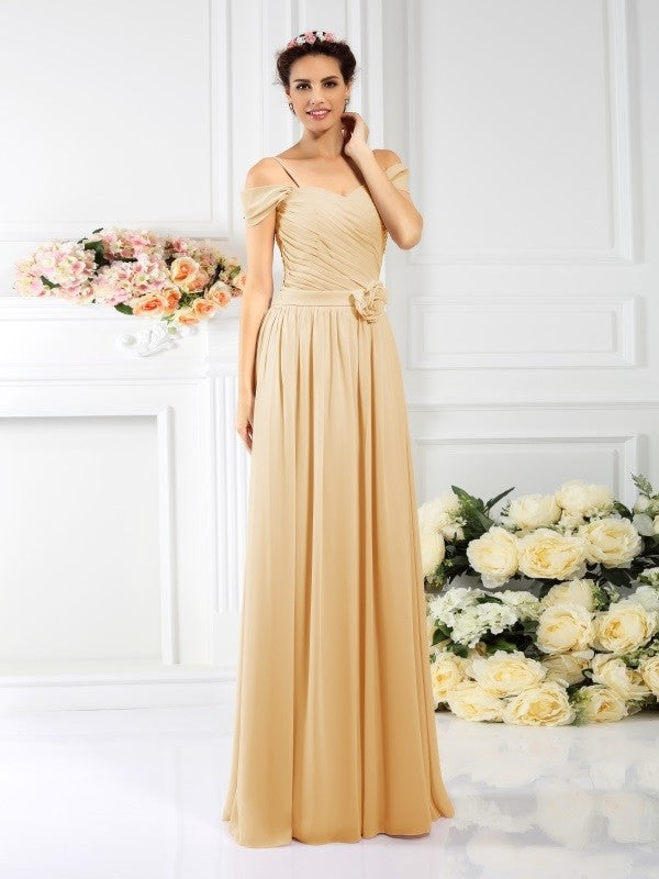 A-Line Charming Spaghetti Straps Pleats Sleeveless Long Chiffon Bridesmaid Dresses