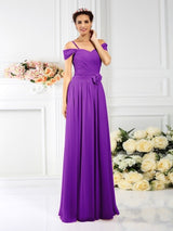 A-Line Charming Spaghetti Straps Pleats Sleeveless Long Chiffon Bridesmaid Dresses