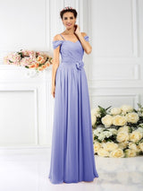 A-Line Charming Spaghetti Straps Pleats Sleeveless Long Chiffon Bridesmaid Dresses