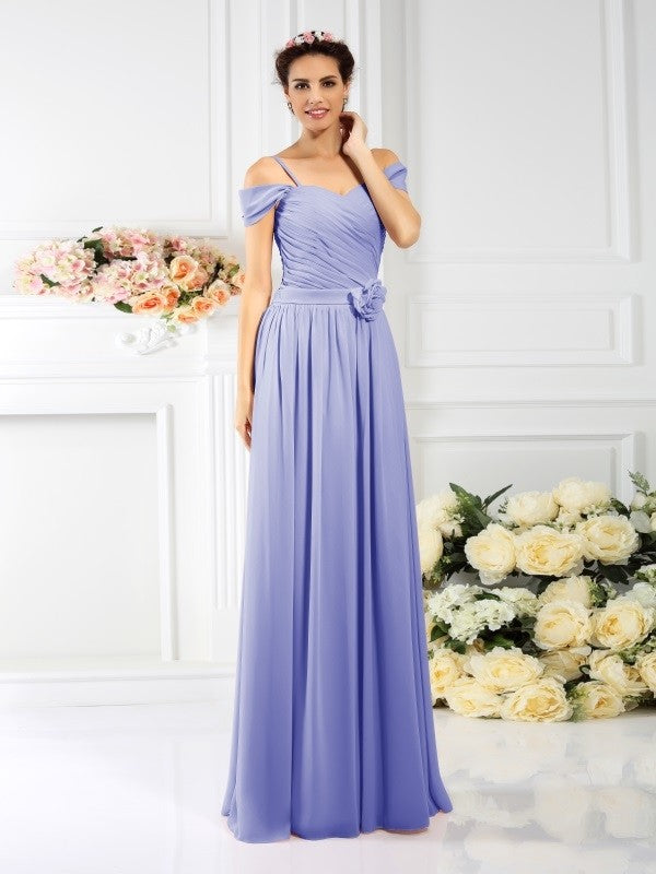 A-Line Charming Spaghetti Straps Pleats Sleeveless Long Chiffon Bridesmaid Dresses