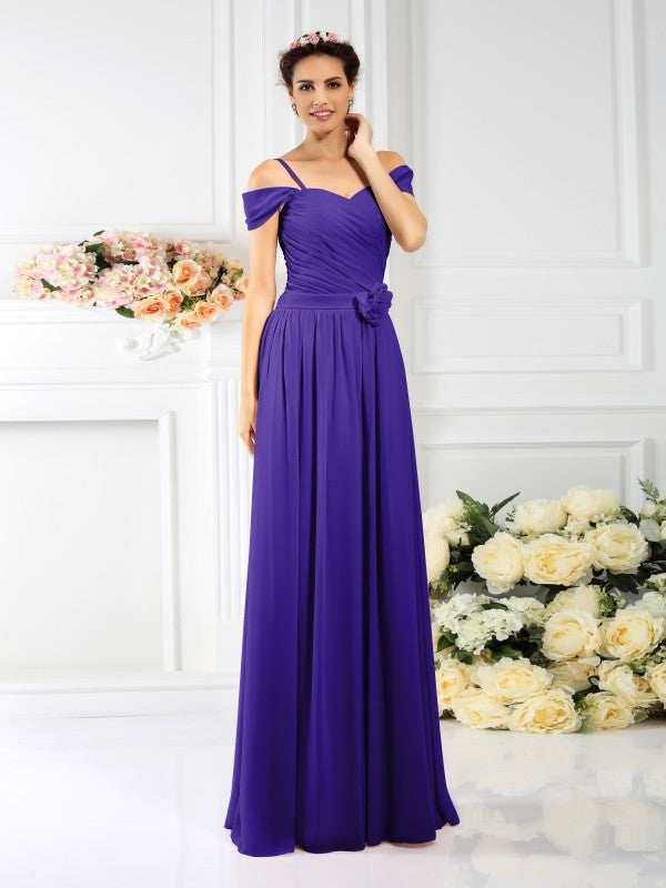 A-Line Charming Spaghetti Straps Pleats Sleeveless Long Chiffon Bridesmaid Dresses