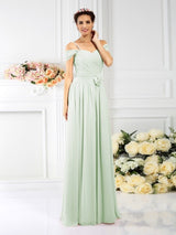 A-Line Charming Spaghetti Straps Pleats Sleeveless Long Chiffon Bridesmaid Dresses