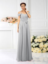 A-Line Charming Spaghetti Straps Pleats Sleeveless Long Chiffon Bridesmaid Dresses