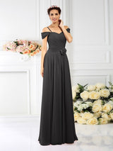 A-Line Charming Spaghetti Straps Pleats Sleeveless Long Chiffon Bridesmaid Dresses