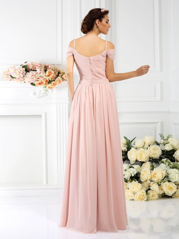 A-Line Charming Spaghetti Straps Pleats Sleeveless Long Chiffon Bridesmaid Dresses