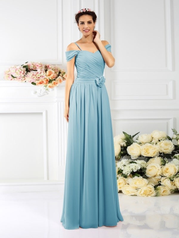 A-Line Charming Spaghetti Straps Pleats Sleeveless Long Chiffon Bridesmaid Dresses