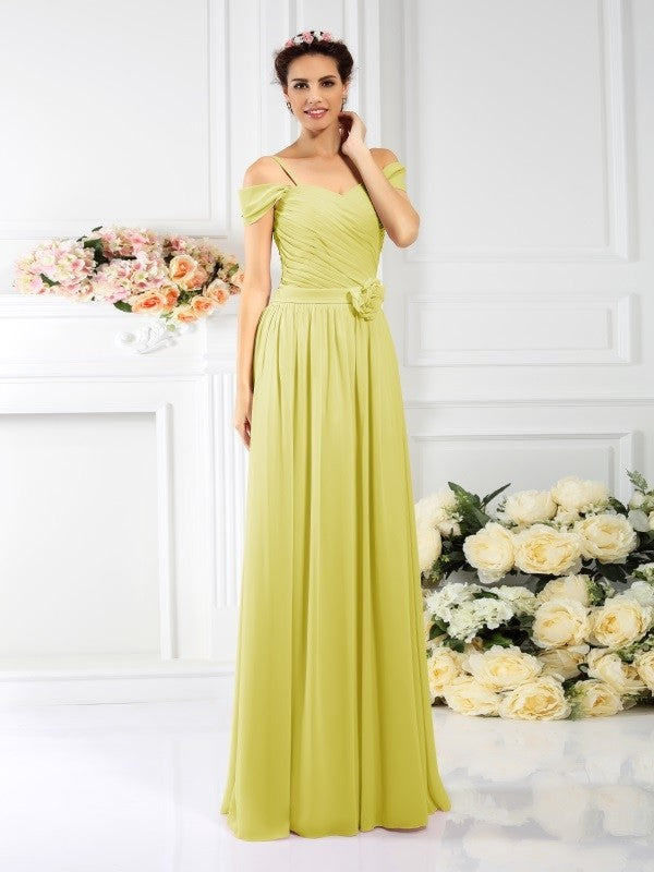 A-Line Charming Spaghetti Straps Pleats Sleeveless Long Chiffon Bridesmaid Dresses