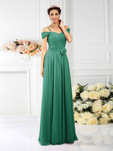 A-Line Charming Spaghetti Straps Pleats Sleeveless Long Chiffon Bridesmaid Dresses