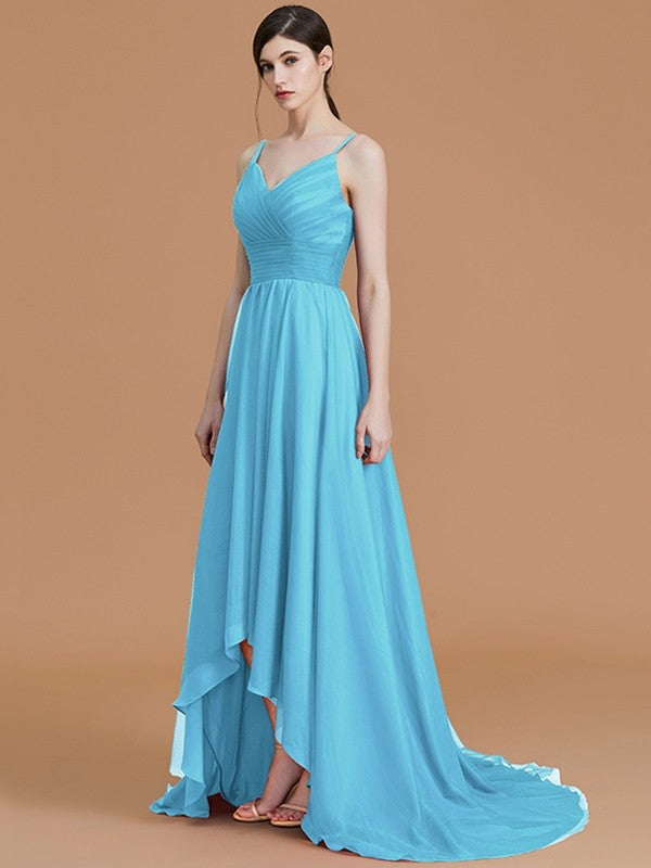 A-Line Charming Spaghetti Straps Sleeveless Asymmetrical Ruffles Chiffon Bridesmaid Dresses