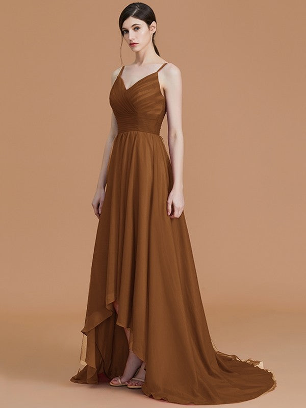 A-Line Charming Spaghetti Straps Sleeveless Asymmetrical Ruffles Chiffon Bridesmaid Dresses