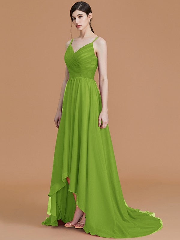 A-Line Charming Spaghetti Straps Sleeveless Asymmetrical Ruffles Chiffon Bridesmaid Dresses