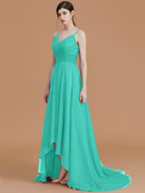 A-Line Charming Spaghetti Straps Sleeveless Asymmetrical Ruffles Chiffon Bridesmaid Dresses