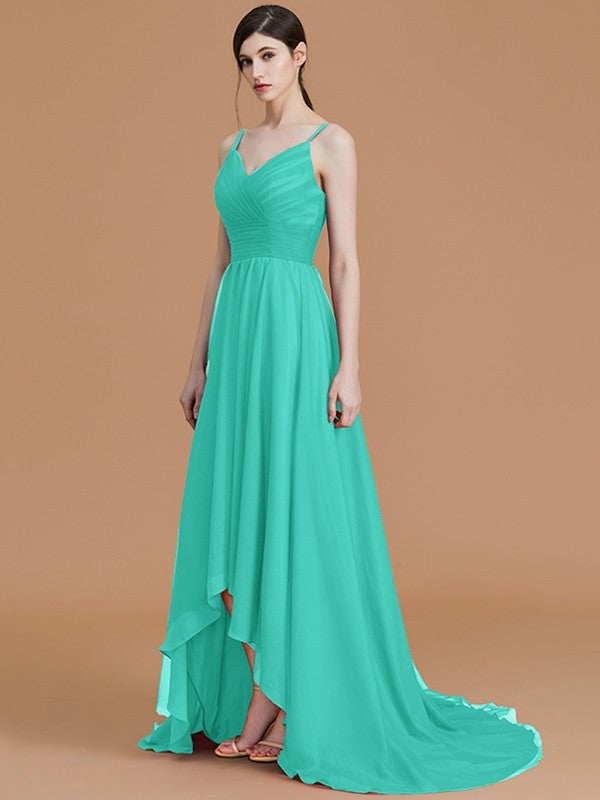 A-Line Charming Spaghetti Straps Sleeveless Asymmetrical Ruffles Chiffon Bridesmaid Dresses