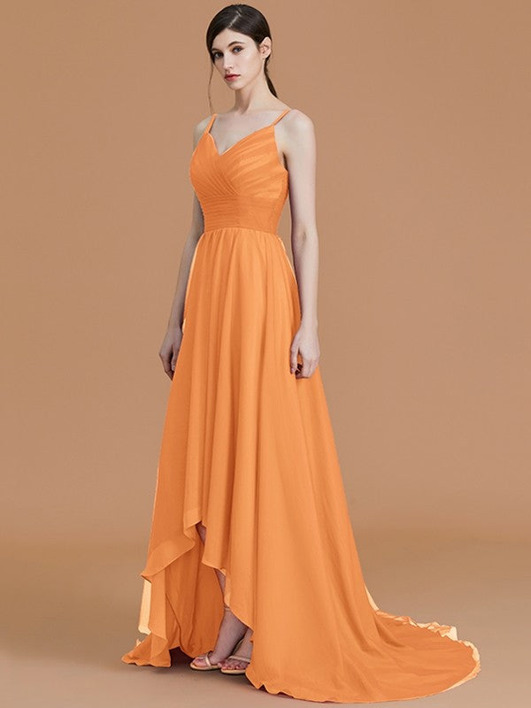 A-Line Charming Spaghetti Straps Sleeveless Asymmetrical Ruffles Chiffon Bridesmaid Dresses