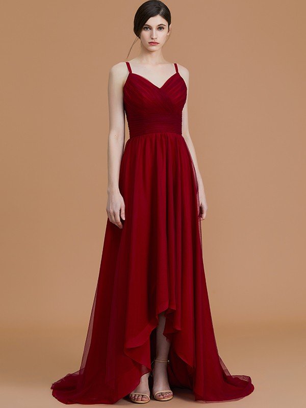 A-Line Charming Spaghetti Straps Sleeveless Asymmetrical Ruffles Chiffon Bridesmaid Dresses