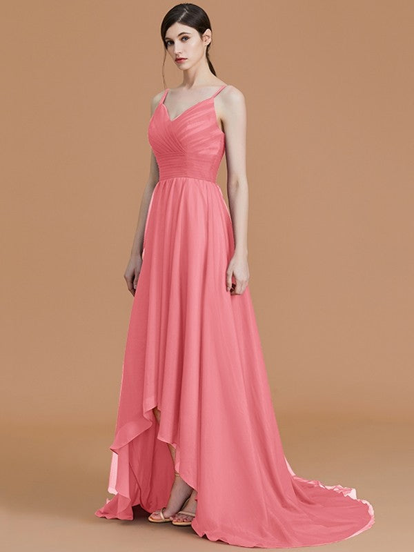 A-Line Charming Spaghetti Straps Sleeveless Asymmetrical Ruffles Chiffon Bridesmaid Dresses