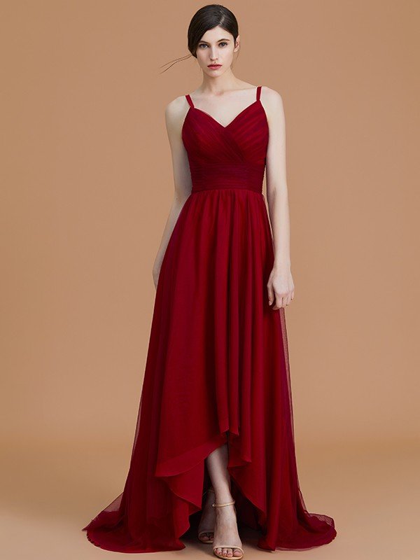 A-Line Charming Spaghetti Straps Sleeveless Asymmetrical Ruffles Chiffon Bridesmaid Dresses