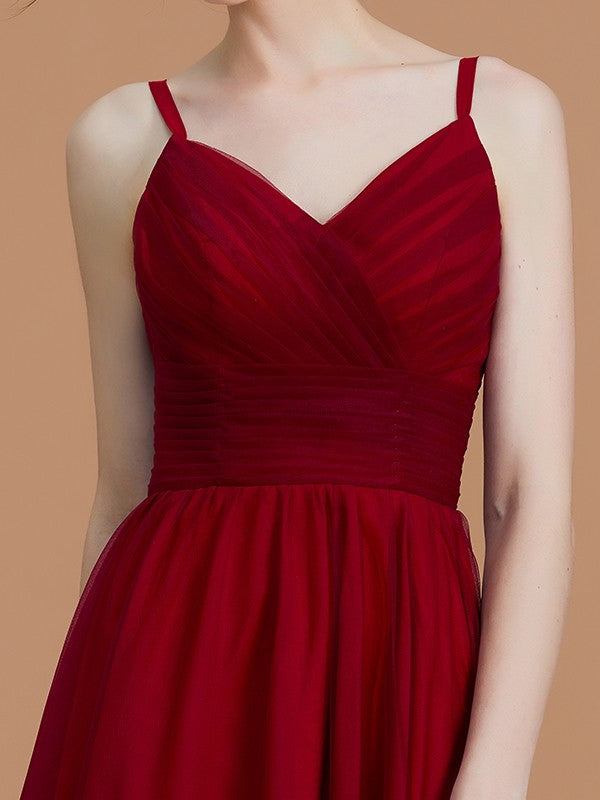 A-Line Charming Spaghetti Straps Sleeveless Asymmetrical Ruffles Chiffon Bridesmaid Dresses