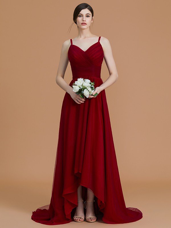 A-Line Charming Spaghetti Straps Sleeveless Asymmetrical Ruffles Chiffon Bridesmaid Dresses