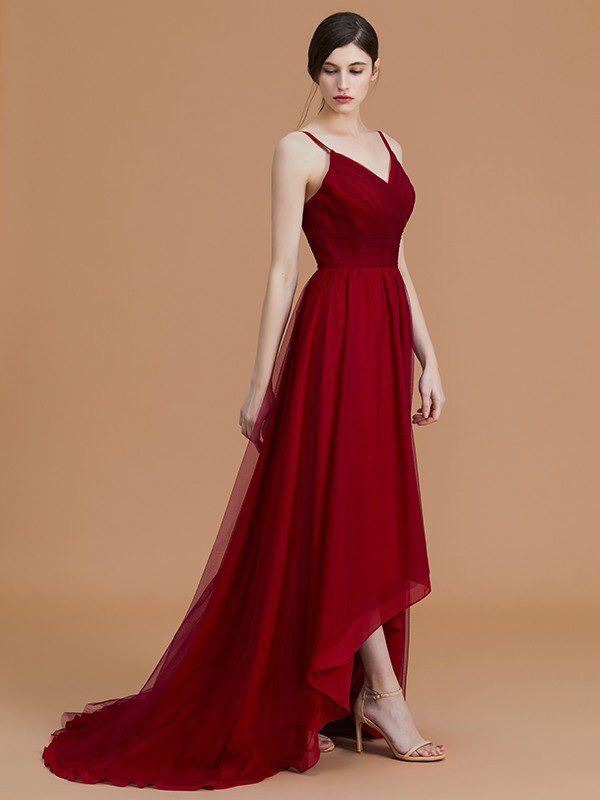 A-Line Charming Spaghetti Straps Sleeveless Asymmetrical Ruffles Chiffon Bridesmaid Dresses