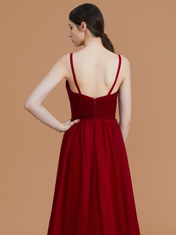 A-Line Charming Spaghetti Straps Sleeveless Asymmetrical Ruffles Chiffon Bridesmaid Dresses