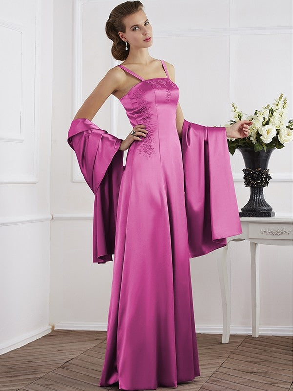 A-Line Charming Spaghetti Straps Sleeveless Beading Long Elastic Woven Satin Mother of the Bride Dresses