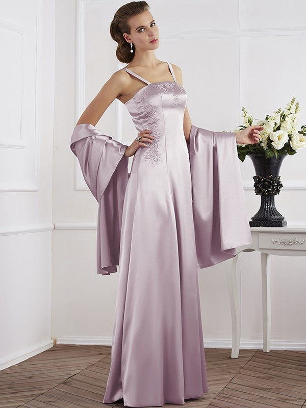 A-Line Charming Spaghetti Straps Sleeveless Beading Long Elastic Woven Satin Mother of the Bride Dresses