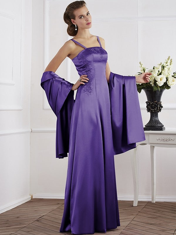 A-Line Charming Spaghetti Straps Sleeveless Beading Long Elastic Woven Satin Mother of the Bride Dresses