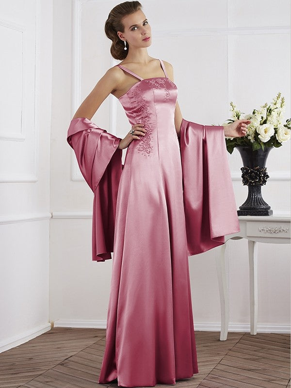 A-Line Charming Spaghetti Straps Sleeveless Beading Long Elastic Woven Satin Mother of the Bride Dresses