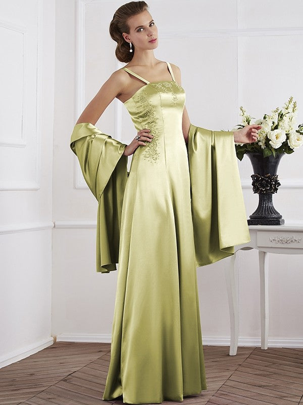 A-Line Charming Spaghetti Straps Sleeveless Beading Long Elastic Woven Satin Mother of the Bride Dresses