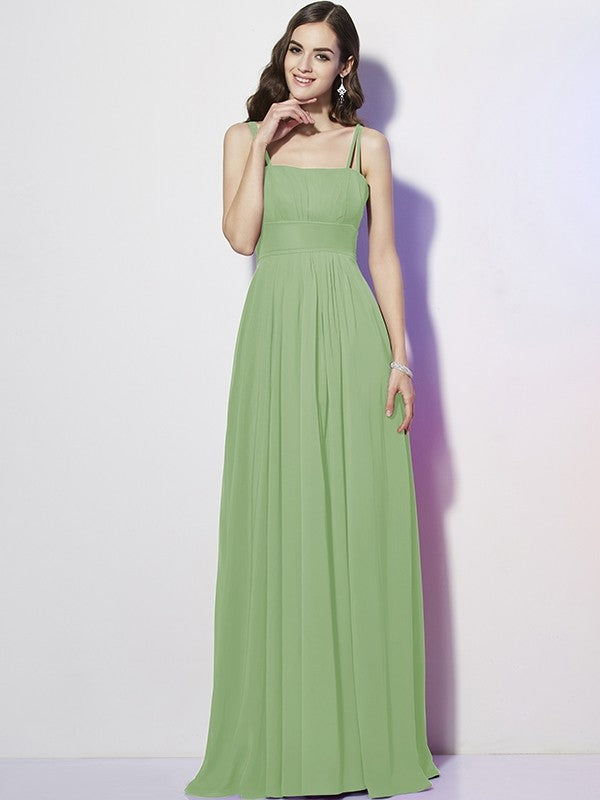 Charming Spaghetti Straps Sleeveless Pleats Long Chiffon Bridesmaid Dresses