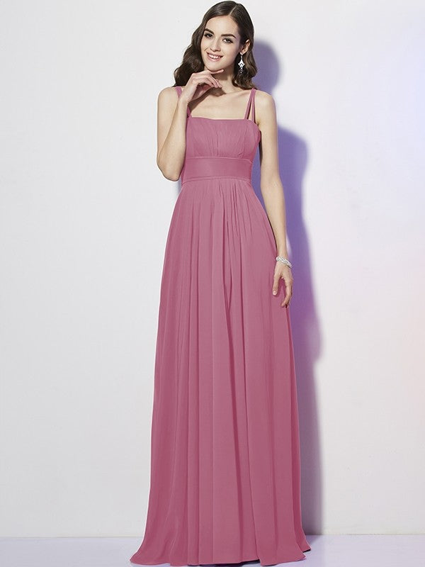 Charming Spaghetti Straps Sleeveless Pleats Long Chiffon Bridesmaid Dresses