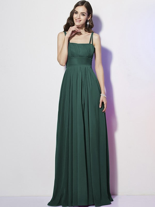 Charming Spaghetti Straps Sleeveless Pleats Long Chiffon Bridesmaid Dresses