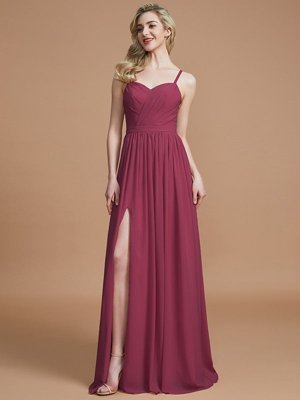 A-Line Charming Spaghetti Straps Sleeveless Ruched Chiffon Bridesmaid Dresses