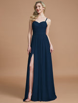 A-Line Charming Spaghetti Straps Sleeveless Ruched Chiffon Bridesmaid Dresses