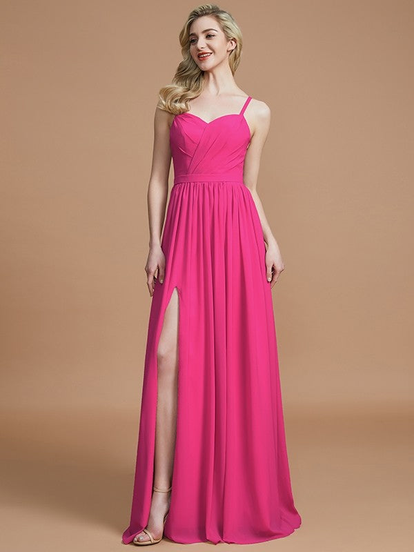 A-Line Charming Spaghetti Straps Sleeveless Ruched Chiffon Bridesmaid Dresses